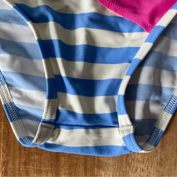 John Lewis Blue and White Striped Kids Swim One Piece with Pink Flamingo - Picture 3 of 7